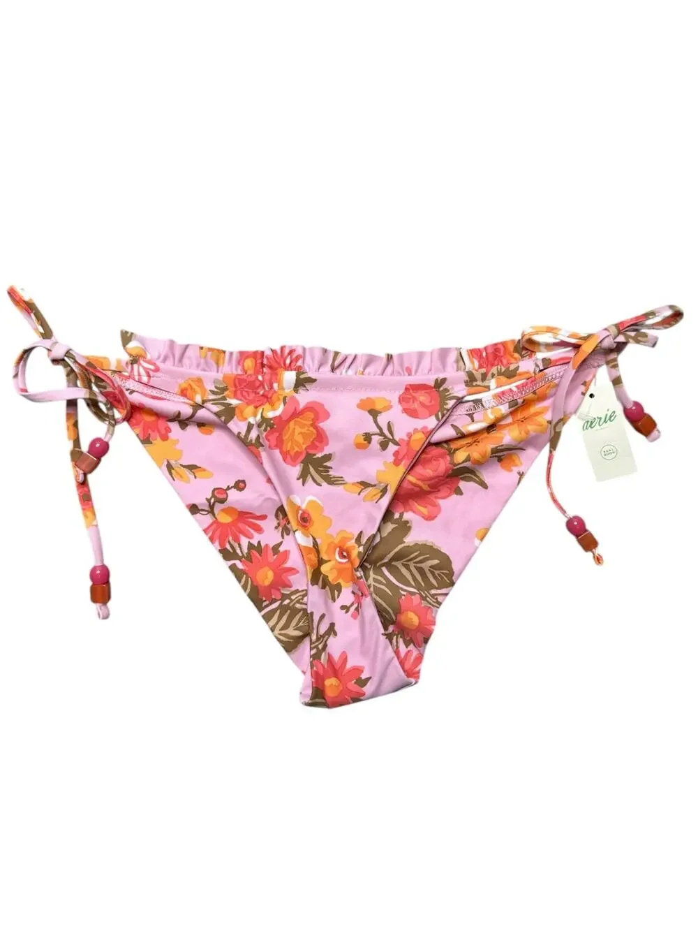 Aerie Bikini Bottoms Women S Pink Floral Ruffle Beaded Tie Cheeky Cottage Girly
